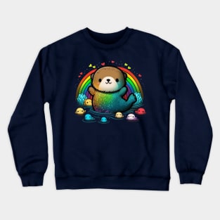 Adorable Rainbow Watercolor Sea Otter Kawaii Crewneck Sweatshirt